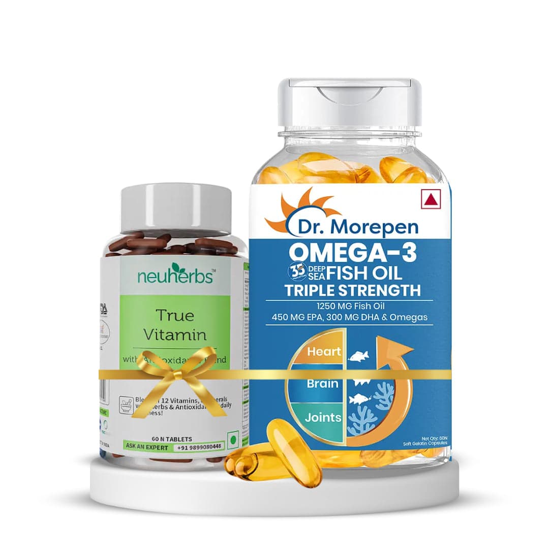 Optimal Health and Vitality | DR. MOREPEN Omega 3 Deep Sea Fish Oil Triple Strength for Healthy Heart, Brain & Joints, 1250mg with 900mg DHA & EPA 60 Softgels + Neuherbs True Vitamin 60 tablets - Nutrition and Fitness Supplements | Buy online on ZillyBuy