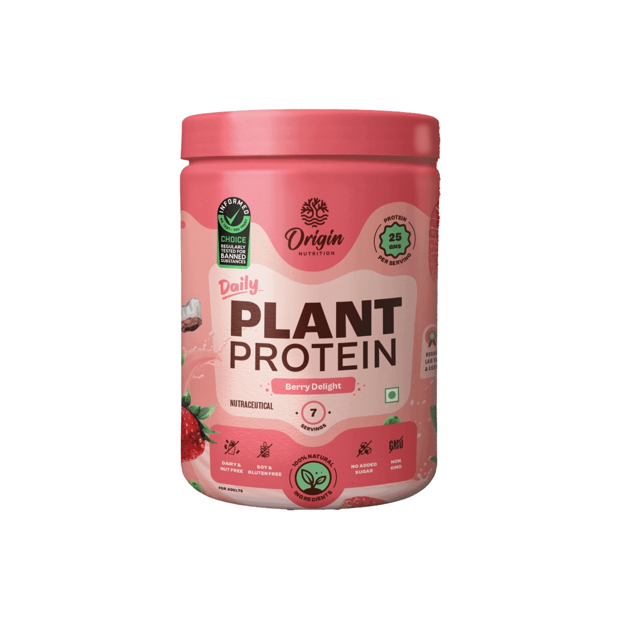 Origin Nutrition Plant Protein Powder Strawberry Flavour with 25g Protein per serving, 286g - Nutrition and Fitness Supplements | Buy online on ZillyBuy