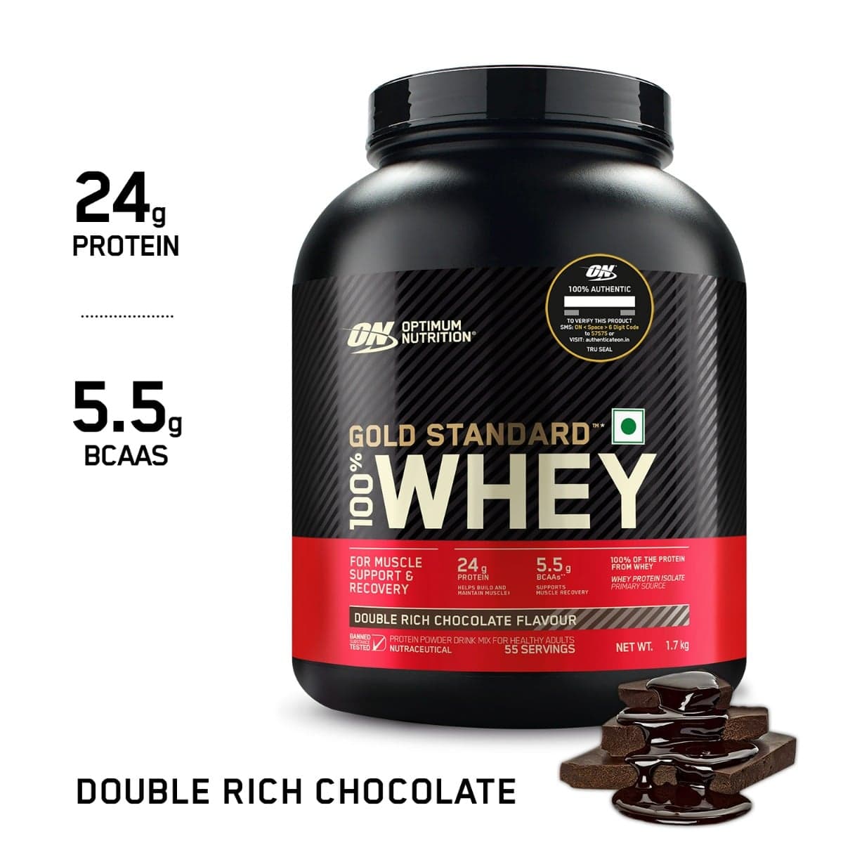 Optimum Nutrition (ON) Gold Standard 100% Whey Protein Powder 1.7 Kg (Double Rich Chocolate), for Muscle Support & Recovery, Vegetarian Primary Source Whey Isolate - Nutrition and Fitness Supplements | Buy online on ZillyBuy