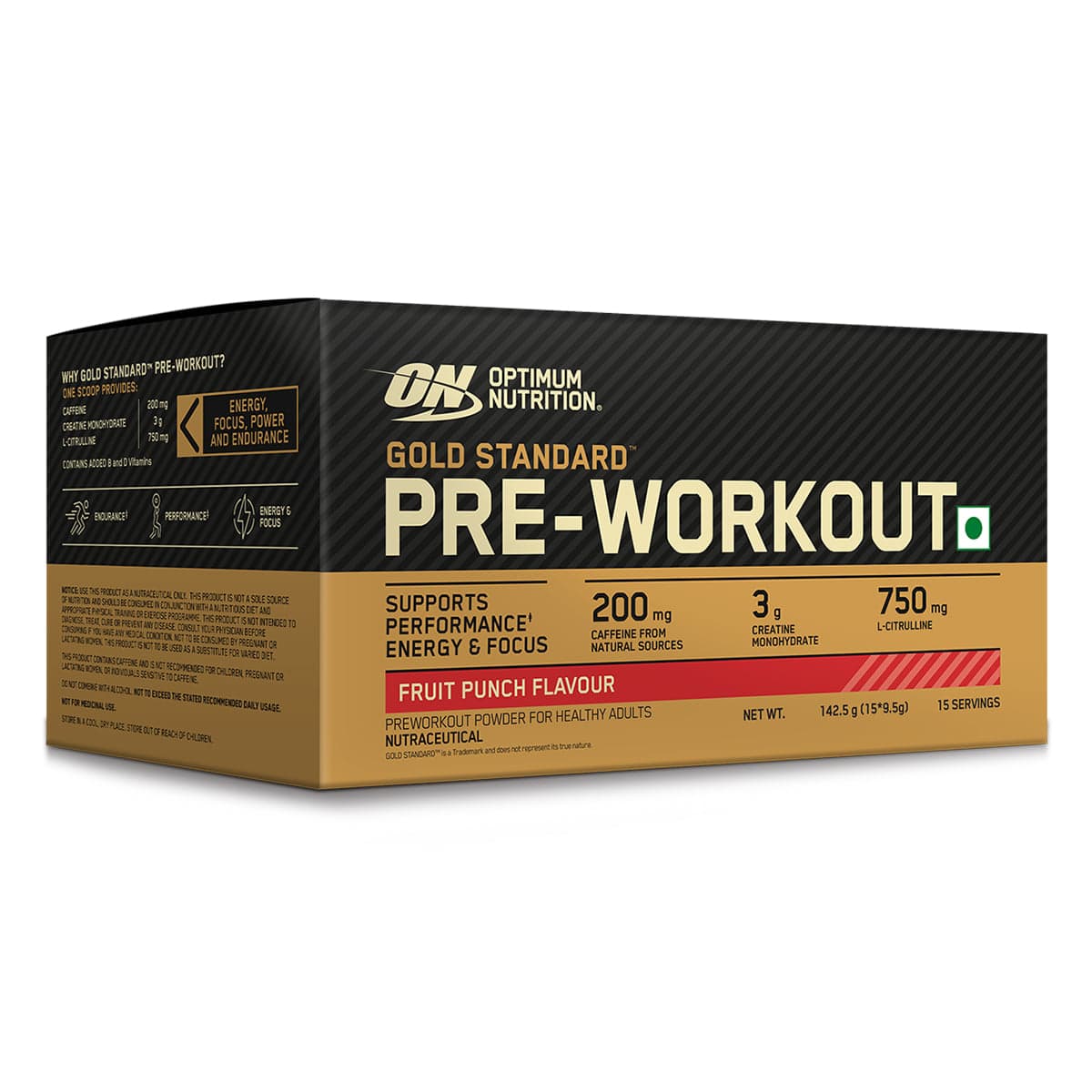 Optimum Nutrition (ON) Gold Standard Pre Workout 142.5g/15 single serve packs For Energy, Focus, Power, Endurance & Performance Optimum Nutrition (ON) Gold Standard Pre Workout 142.5g/15 single serve packs (Fruit Punch Flavor), For Energy, Focus, Power, - Nutrition and Fitness Supplements | Buy online on ZillyBuy