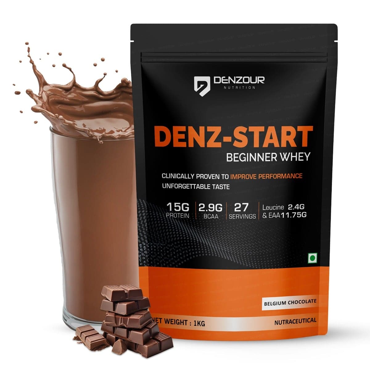 Denzour Nutrition Denz-Start Whey Protein for Beginners with 15g Protein & 2.9g BCAA to Improve Performance & Faster Muscle Recovery, 1Kg, Belgian Chocolate
