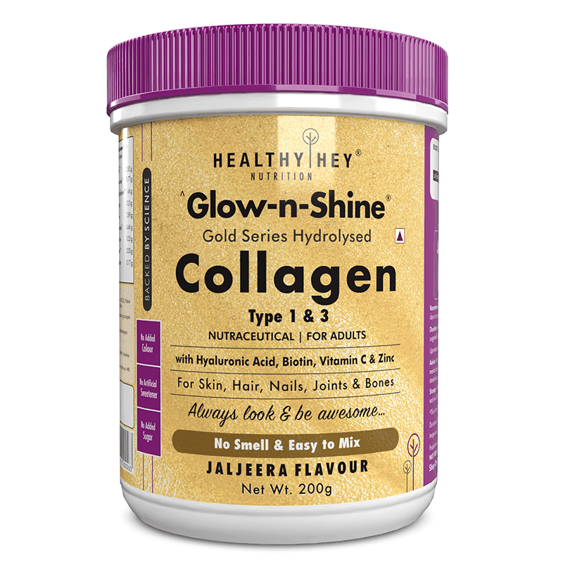 HealthyHey Nutrition Skin Support Glow n Shine Collagen Power 200g | Hydrolysed Collagen for Women and Men with Hyaluronic Acid, Biotin and Vitamin C for Healthy Skin, Hair and Nails (Jaljeera, 200gm) - Nutrition and Fitness Supplements | Buy online on ZillyBuy