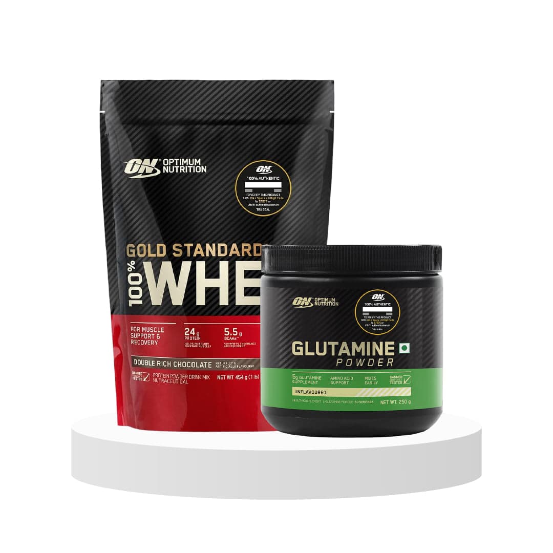 Optimum Nutrition (ON) L-Glutamine Powder 250g, 50Serves, Unflavoured & Optimum Nutrition (ON) Gold Standard 100% Whey Protein Powder 1 lbs, 454 g (Double Rich Chocolate), for Muscle Support & Recovery, Vegetarian Primary Source Whey Isolate - Nutrition and Fitness Supplements | Buy online on ZillyBuy