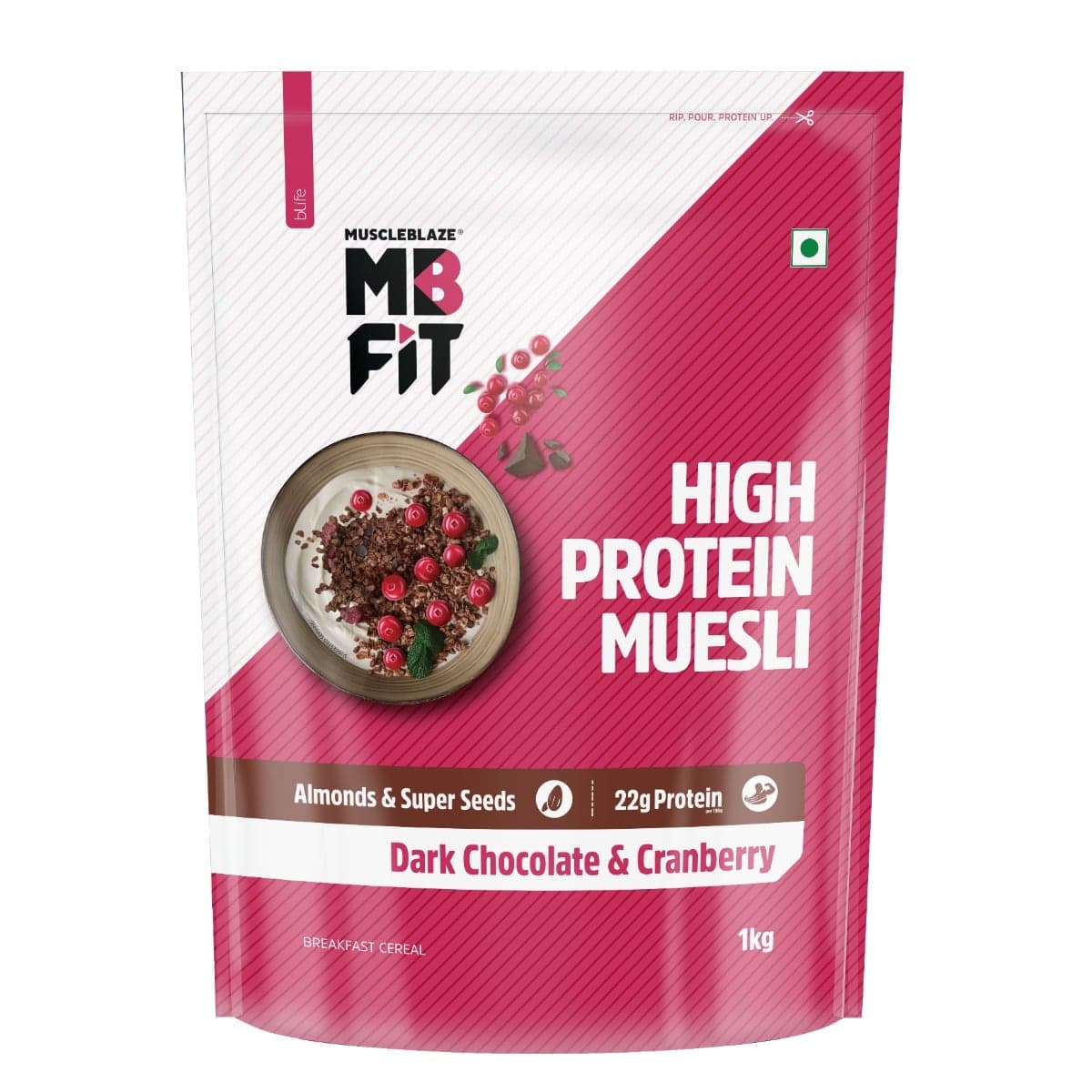 MuscleBlaze Fit High Protein Muesli 1kg Dark Chocolate & Cranberry