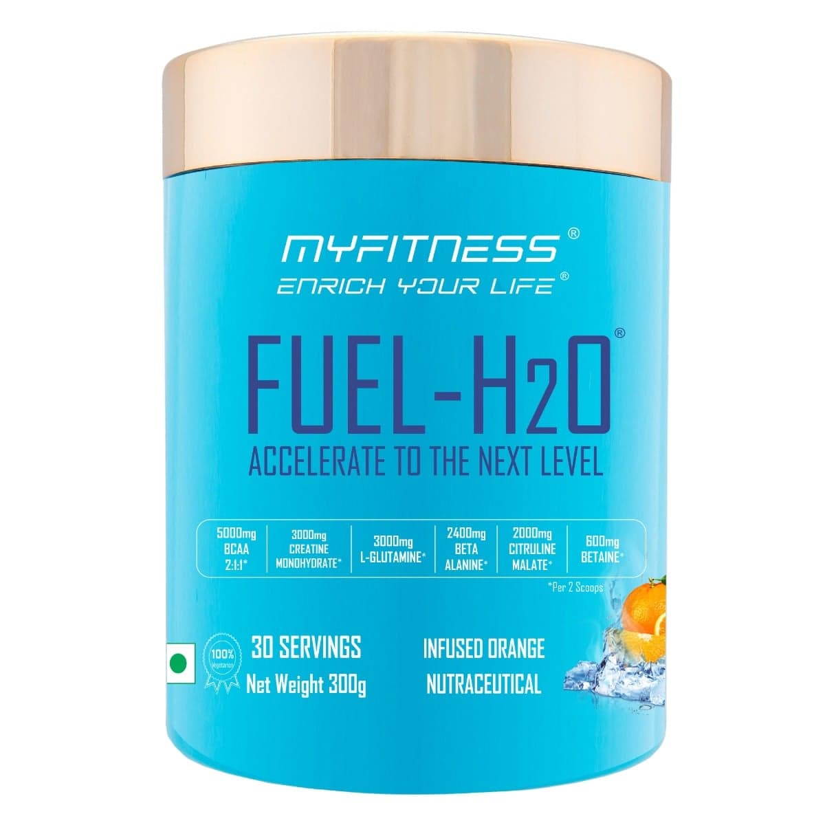 Myfitness FUEL-H2O | 5000mg BCAA 2:1:1 | 3000mg Creatine | 3000mg L-Glutamine | 2400mg Beta Alanine | 2000mg Citruline Malate | 1000mg Taurine | 600mg Betaine | Electrolyte Blend | Infused Orange 30 Servings - Nutrition and Fitness Supplements | Buy online on ZillyBuy