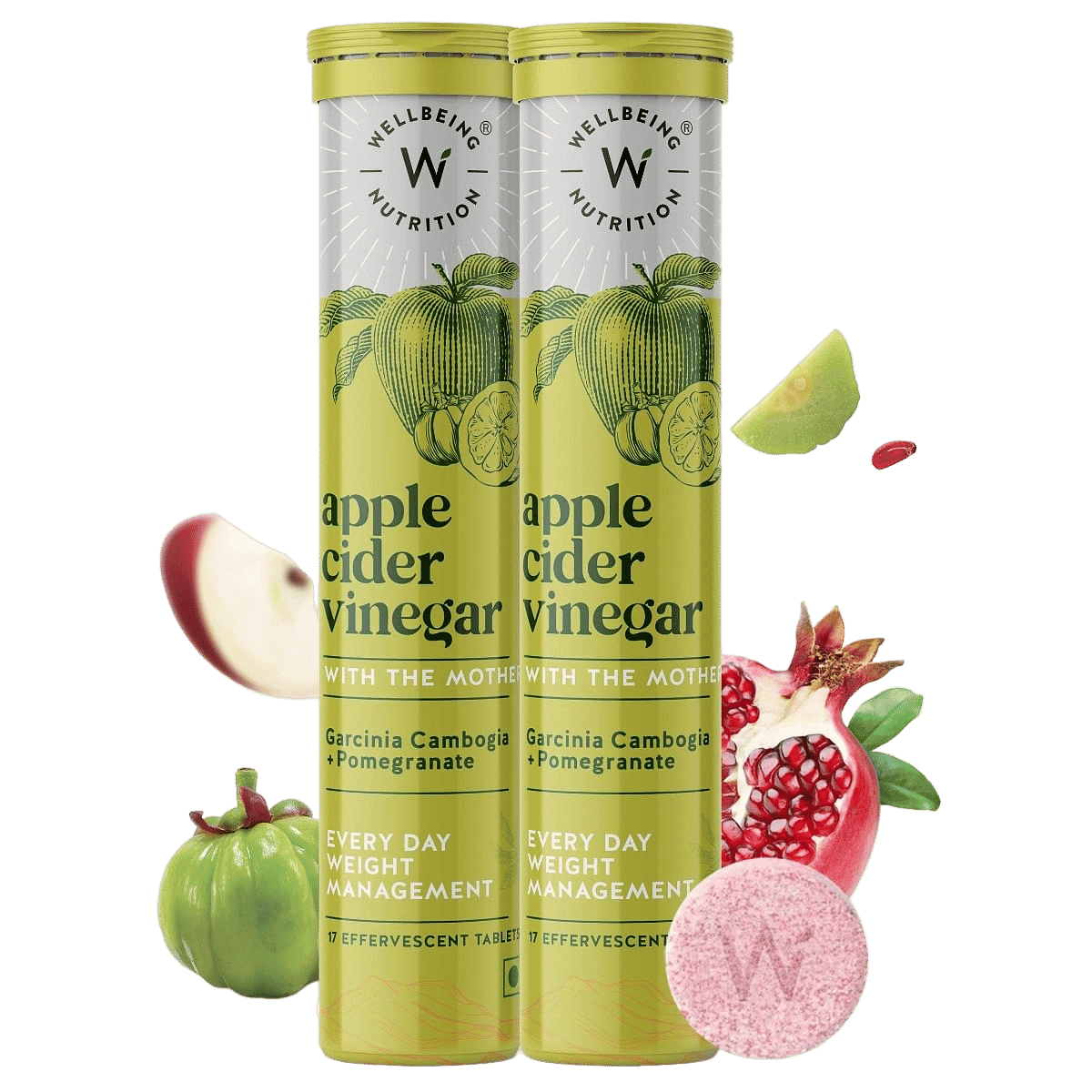 Wellbeing Nutrition Apple Cider Vinegar with the Mother and Garcinia Cambogia , Pomegranate | Effective Weight Management, Gut Health and Skin Glow (34 Effervescent Tablets, Pack of 2) - Nutrition and Fitness Supplements | Buy online on ZillyBuy