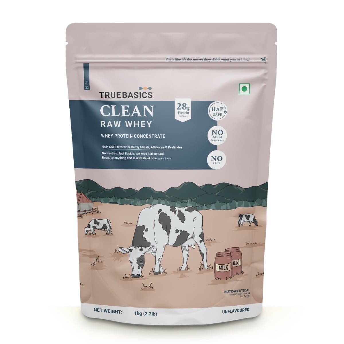 TrueBasics Clean Raw Whey Protein Concentrate Powder (Unflavoured, 1kg) | 28g Protein per Scoop - Nutrition and Fitness Supplements | Buy online on ZillyBuy