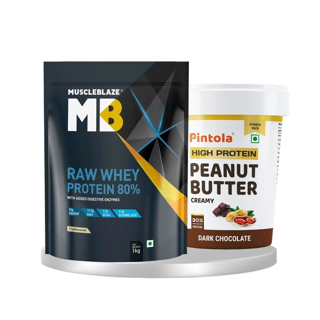 Muscleblaze raw whey protein (unflavoured, 1 kg / 2.2 lb, 33 servings) & Pintola high protein peanut butter dark chocolate creamy 1kg | combo pack of 2 - Nutrition and Fitness Supplements | Buy online on ZillyBuy