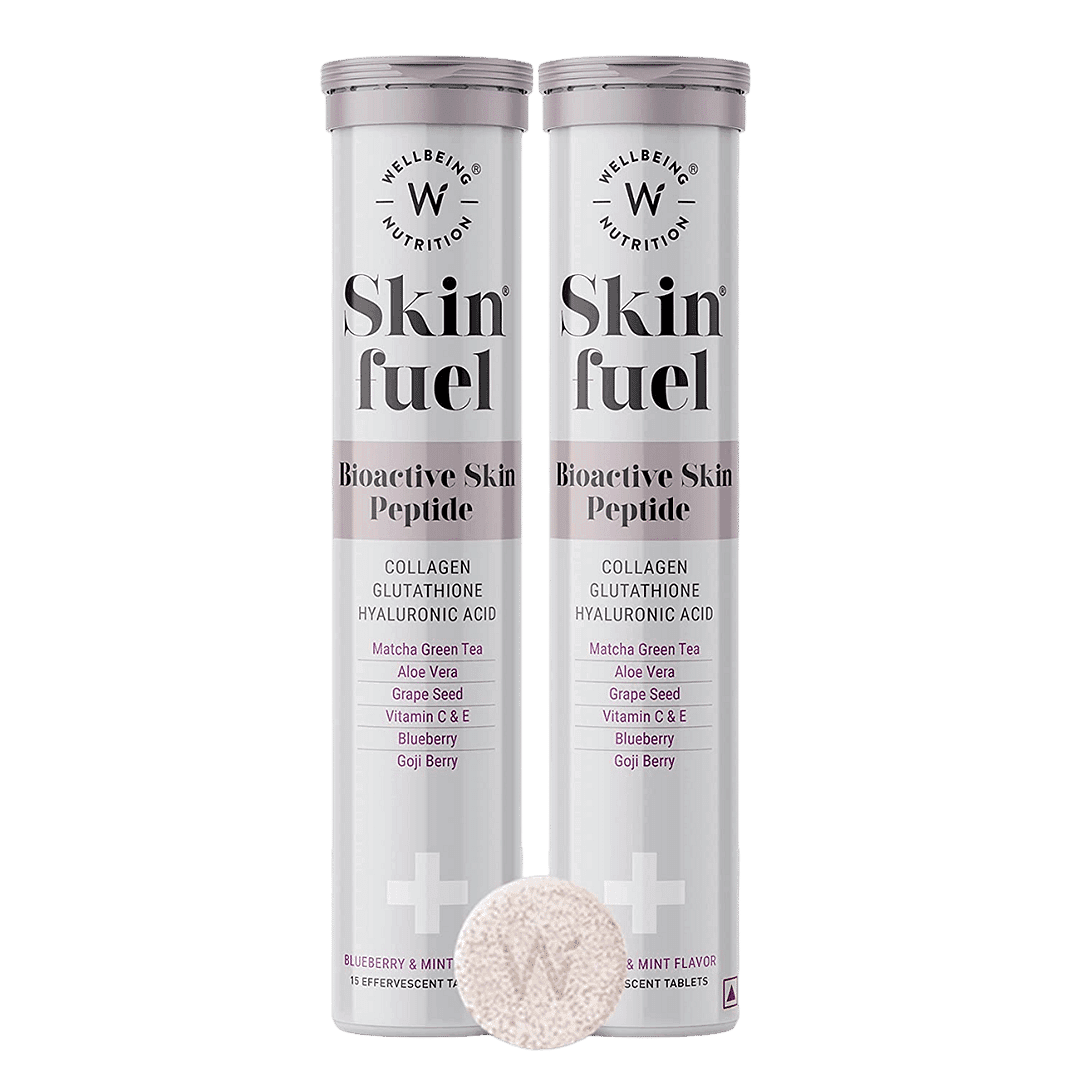 Wellbeing Nutrition Skin Fuel | Collagen Builder, L-Glutathione, Hyaluronic Acid, Matcha Green Tea, Aloe Vera, Grape Seed, Vit E | Skin Radiance, Elasticity, Glow for Men & Women -30 Effervescent Tabs - Nutrition and Fitness Supplements | Buy online on ZillyBuy