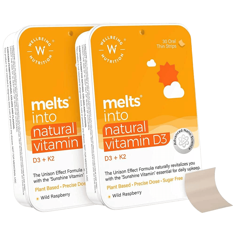 Wellbeing Nutrition Melts Natural Vitamin D3 + K2 (MK-7) with Organic Virgin Coconut Oil & Astaxanthin Plant-Based & Vegan Immunity Heart Muscle Bone and Cellular Protection (30 Oral Strips Pack of 2) - Nutrition and Fitness Supplements | Buy online on ZillyBuy