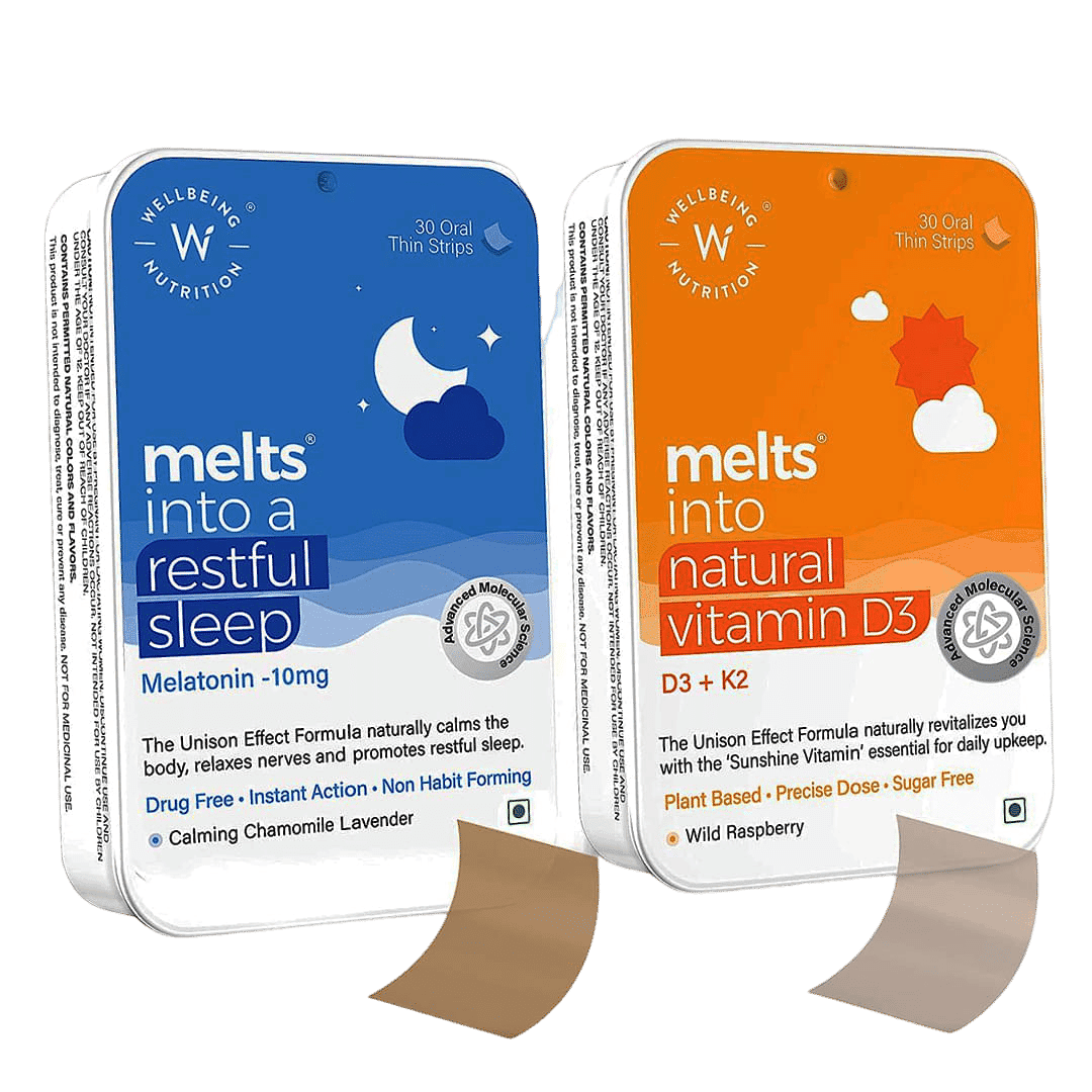 Wellbeing Nutrition Melts Restful Sleep, Plant Based Melatonin 5mg with Melts Natural Vitamin D3 + K2 (MK-7) - (30x2 Oral Thin Strips) - Nutrition and Fitness Supplements | Buy online on ZillyBuy