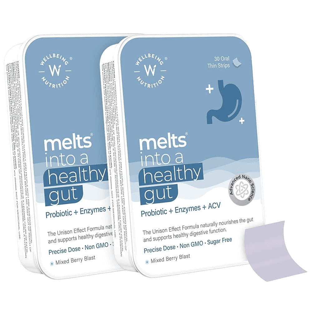 Wellbeing Nutrition Melts Healthy Gut |Plant Based Probiotic 10B CFU, Digestive Enzyme (Protease & Papain) with Organic Apple Cider Vinegar For Indigestion, Gas, Acidity and Bloating (30 Oral Strips Pack of 2 ) - Nutrition and Fitness Supplements | Buy online on ZillyBuy