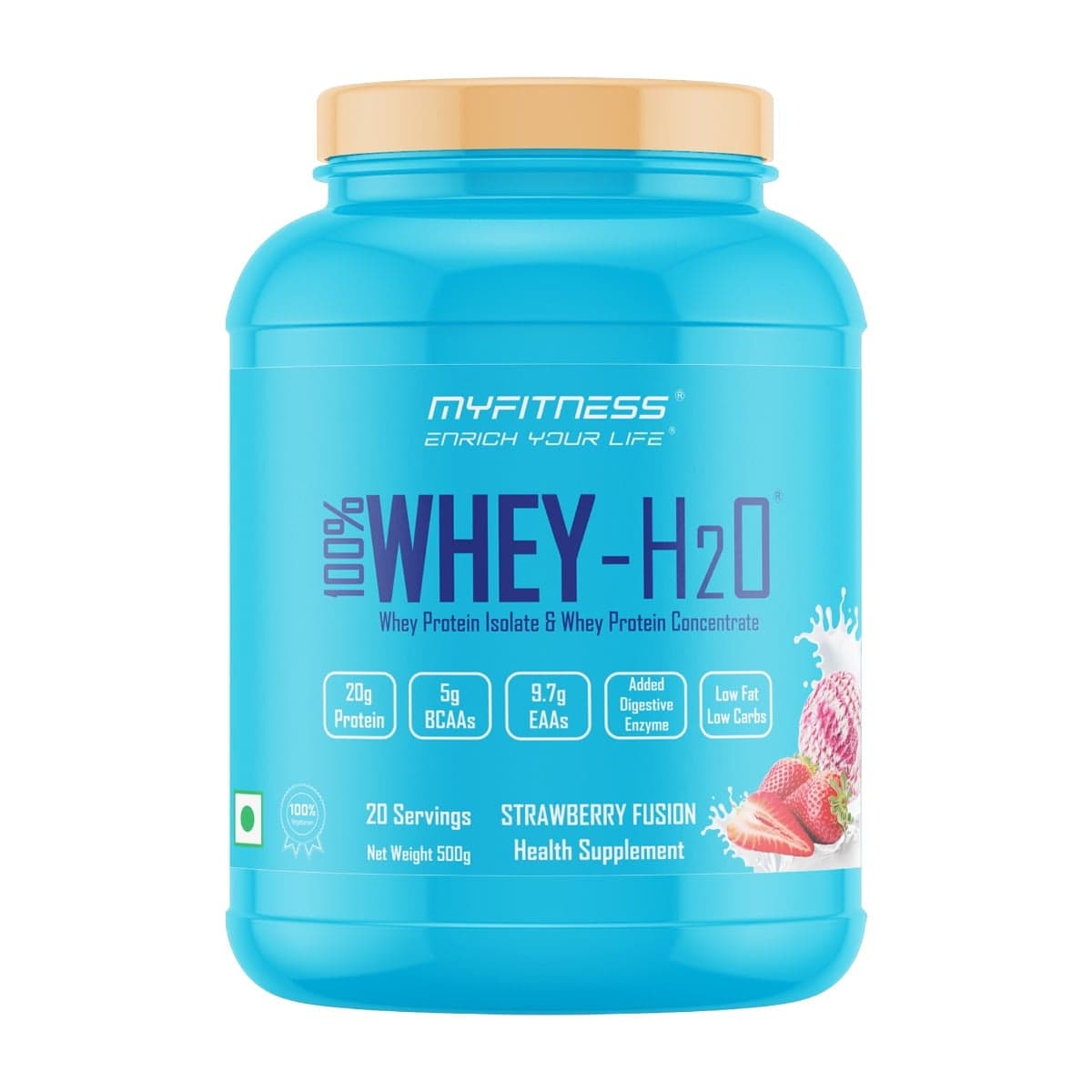 MYFITNESS 100% WHEY-H2O 20 Servings |Whey Protein Powder| Whey Protein Isolate First Source Whey Protein Concentrate Second Source|80% Protein Per Serving| 5g BCAA| 9.7g EAA| Added Digestive Enzyme|Low Fat Low Carbs|Strawberry Fusion|500gms - Nutrition and Fitness Supplements | Buy online on ZillyBuy