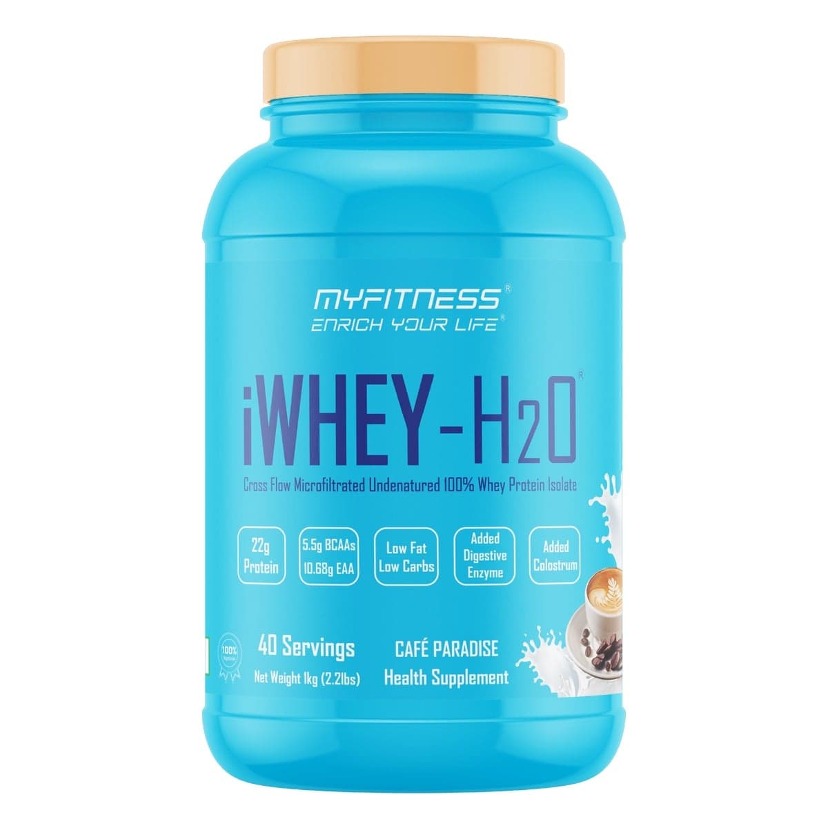 MYFITNESS iWHEY H2O 40 Servings | Whey Protein Isolate | 88% Premium Whey Protein Isolate Per Serving | 5.5g BCAA | 10.68g EAA | Added Digestive Enzyme | Added Colostrum | Low Fat Low Carbs | Cafe Paradise | 1000gms - Nutrition and Fitness Supplements | Buy online on ZillyBuy