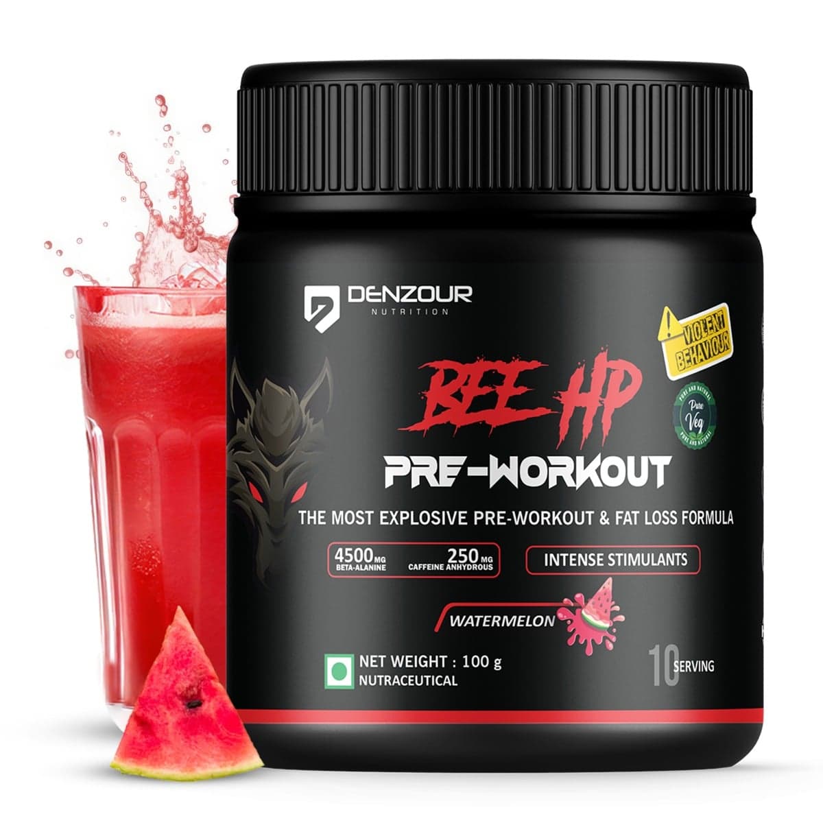 Denzour Nutrition BEE-HP Pre Workout with 750mg Creatine Monohydrate & 4500mg Beta-Alanine, Intense Energy with Fat Loss Formula, 100g Watermelon