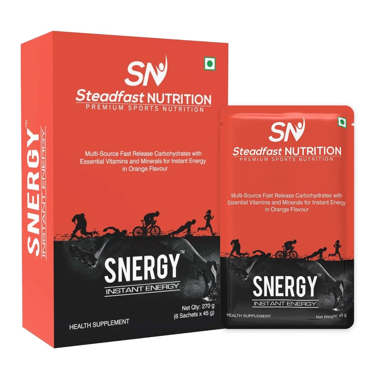 Steadfast Nutrition Snergy | Instant Energy & Hydration | Essential Vitamins & Minerals | Energy Drink & Pre workout Supplements for Men & Women | 45g per Sachet |Orange Flavour - Nutrition and Fitness Supplements | Buy online on ZillyBuy