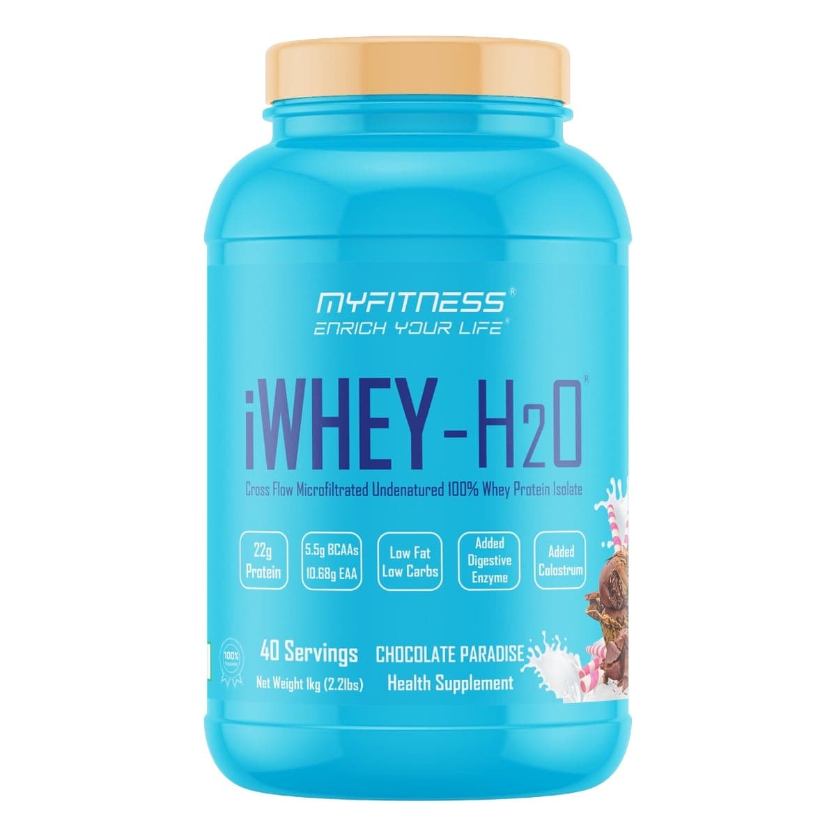 MYFITNESS iWHEY H2O 40 Servings | Whey Protein Isolate | 88% Premium Whey Protein Isolate Per Serving | 5.5g BCAA | 10.68g EAA | Added Digestive Enzyme | Added Colostrum | Low Fat Low Carbs | Chocolate Paradise | 1000gms - Nutrition and Fitness Supplements | Buy online on ZillyBuy