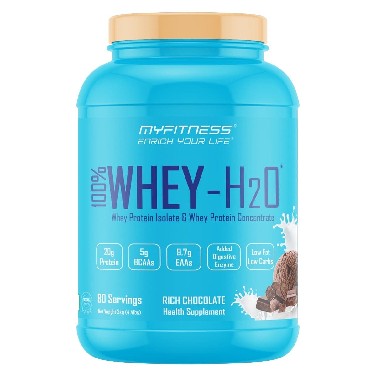 MYFITNESS 100% WHEY-H2O 80 Servings | Whey Protein Powder | Whey Protein Isolate First Source Whey Protein Concentrate Second Source | 80% Protein Per Serving | 5g BCAA | 9.7g EAA | Added Digestive Enzyme | Low Fat Low Carbs | Rich Chocolate | 2000gms - Nutrition and Fitness Supplements | Buy online on ZillyBuy