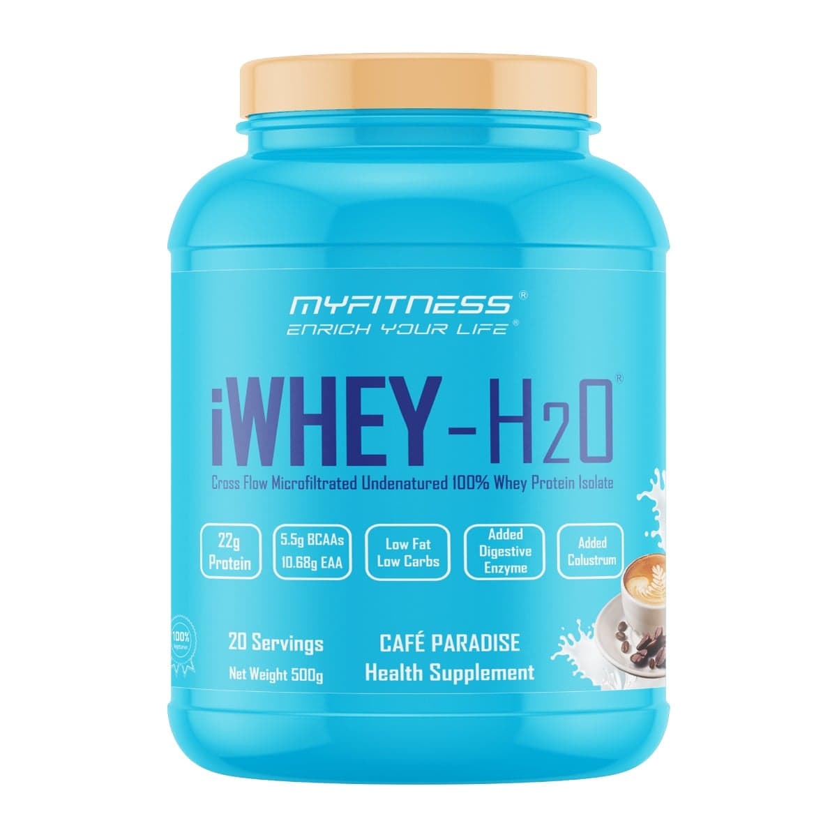 MYFITNESS iWHEY H2O 80 Servings | Whey Protein Isolate | 88% Premium Whey Protein Isolate Per Serving | 5.5g BCAA | 10.68g EAA | Added Digestive Enzyme | Added Colostrum | Low Fat Low Carbs | 2000gms MYFITNESS iWHEY H2O Cafe Paradise 500g - Nutrition and Fitness Supplements | Buy online on ZillyBuy
