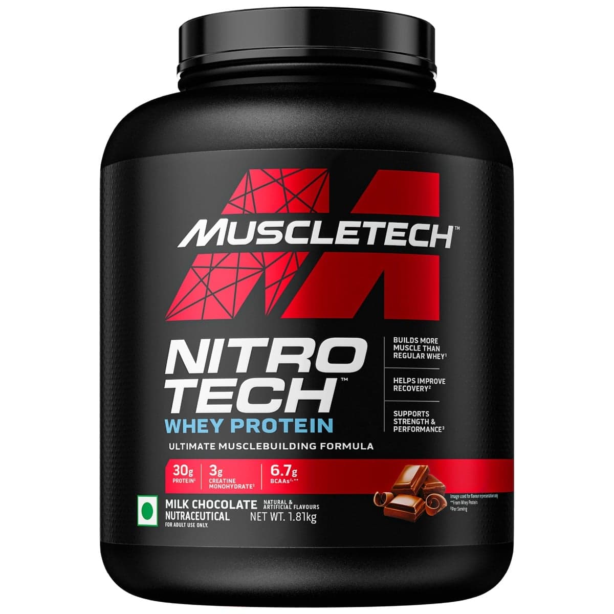 Muscle Tech Nitro-Tech Whey Protein, 1.81kg (4lbs), Milk Chocolate, 30g Protein, 3g creatine monohydrate, 6.7g BCAA, ultimate muscle building formula, increase strength & performance - Nutrition and Fitness Supplements | Buy online on ZillyBuy