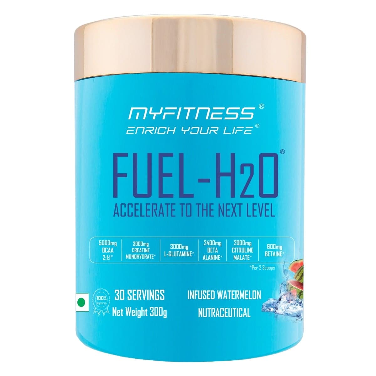 Myfitness FUEL-H2O | 5000mg BCAA 2:1:1 | 3000mg Creatine | 3000mg L-Glutamine | 2400mg Beta Alanine | 2000mg Citruline Malate | 1000mg Taurine | 600mg Betaine | Electrolyte Blend | Infused Watermelon 30 Servings - Nutrition and Fitness Supplements | Buy online on ZillyBuy