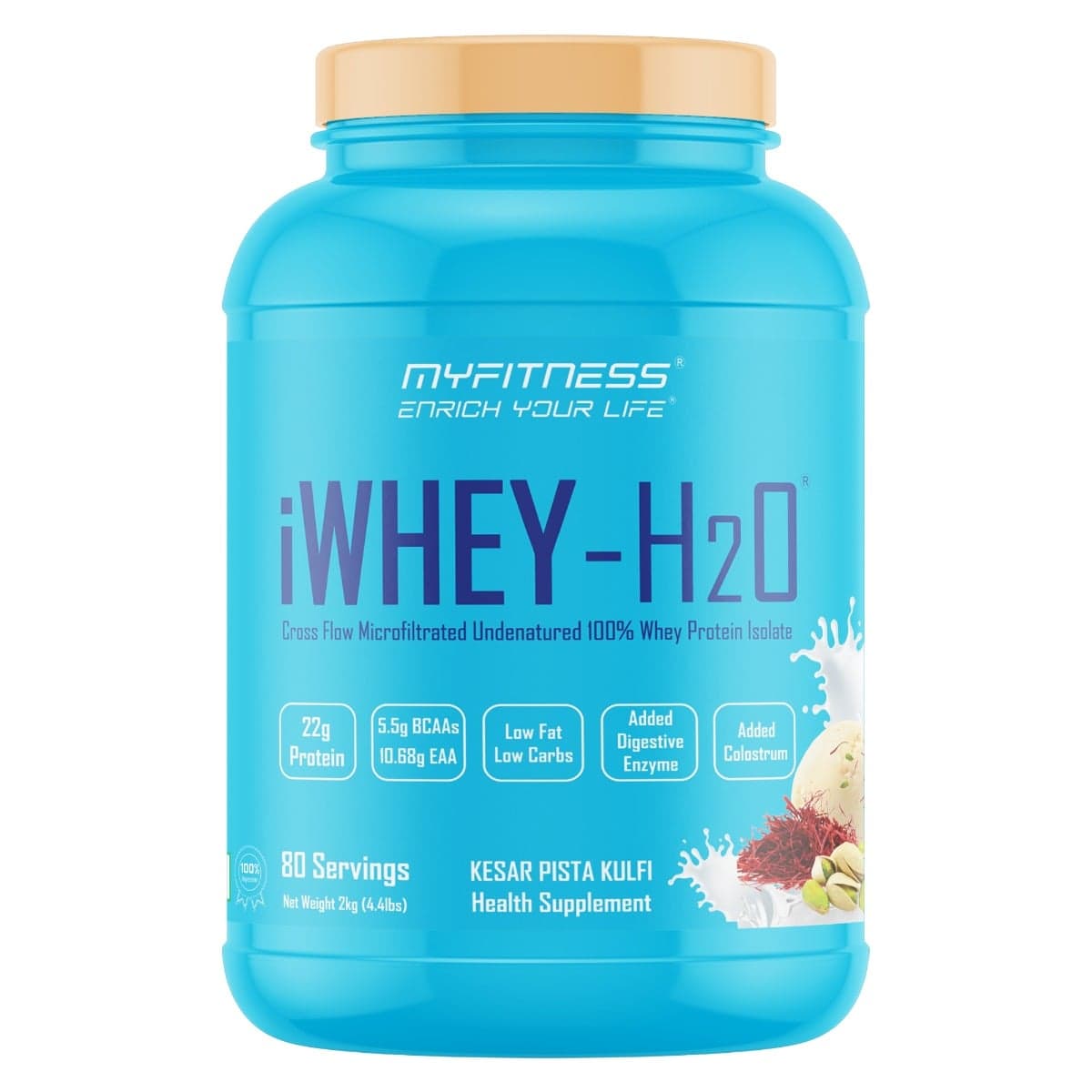 MYFITNESS iWHEY H2O 80 Servings | Whey Protein Isolate | 88% Premium Whey Protein Isolate Per Serving | 5.5g BCAA | 10.68g EAA | Added Digestive Enzyme | Added Colostrum | Low Fat Low Carbs | Kesar Pista Kulfi | 2000gms - Nutrition and Fitness Supplements | Buy online on ZillyBuy