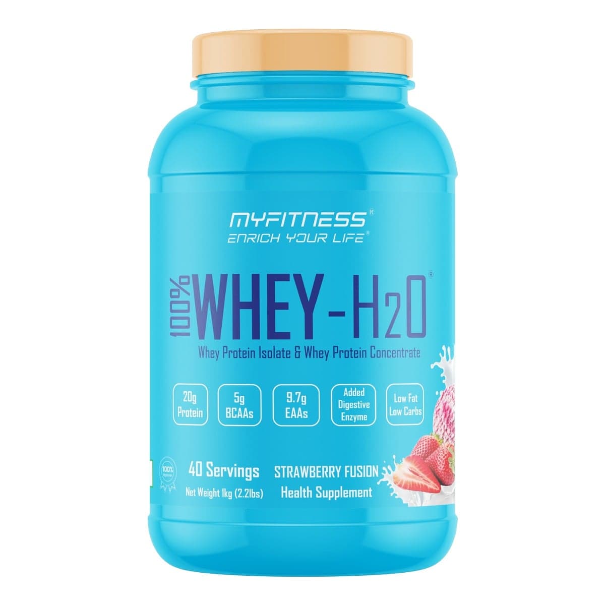 MYFITNESS 100% WHEY-H2O 40 Servings |Whey Protein Powder| Whey Protein Isolate First Source Whey Protein Concentrate Second Source|80% Protein Per Serving| 5g BCAA| 9.7g EAA| Added Digestive Enzyme|Low Fat Low Carbs|Strawberry Fusion|1000gms - Nutrition and Fitness Supplements | Buy online on ZillyBuy