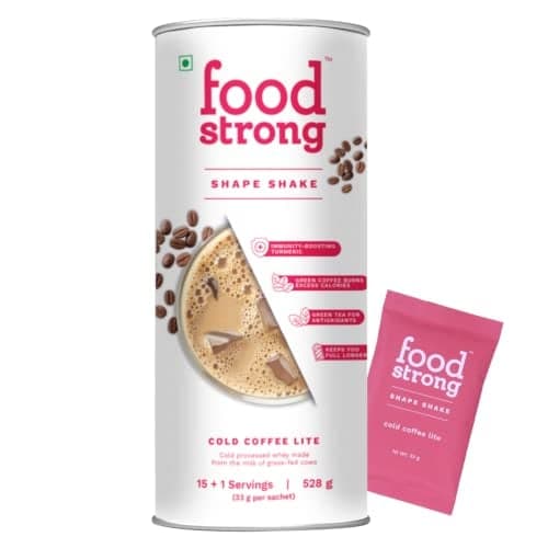 Foodstrong Shape Shake Foodstrong Grass fed Whey Protein Isolate, Shape Shake | Cold Coffee Lite | 26.6g Protein With Turmeric & Green Coffee | No Antibiotics, No Preservatives | 16 sachets | 528g - Nutrition and Fitness Supplements | Buy online on ZillyBuy