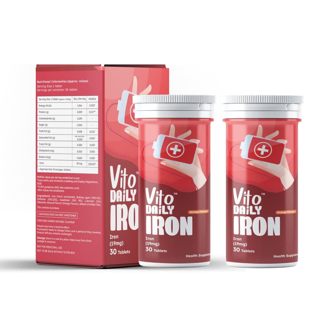 Vito Daily Iron Fast Dissolve 19 mg Plant Based Iron Flavoured Mints for Enhanced Energy, Hemoglobin, and Anemia Prevention (1 per Day, Pack of 2) - Nutrition and Fitness Supplements | Buy online on ZillyBuy