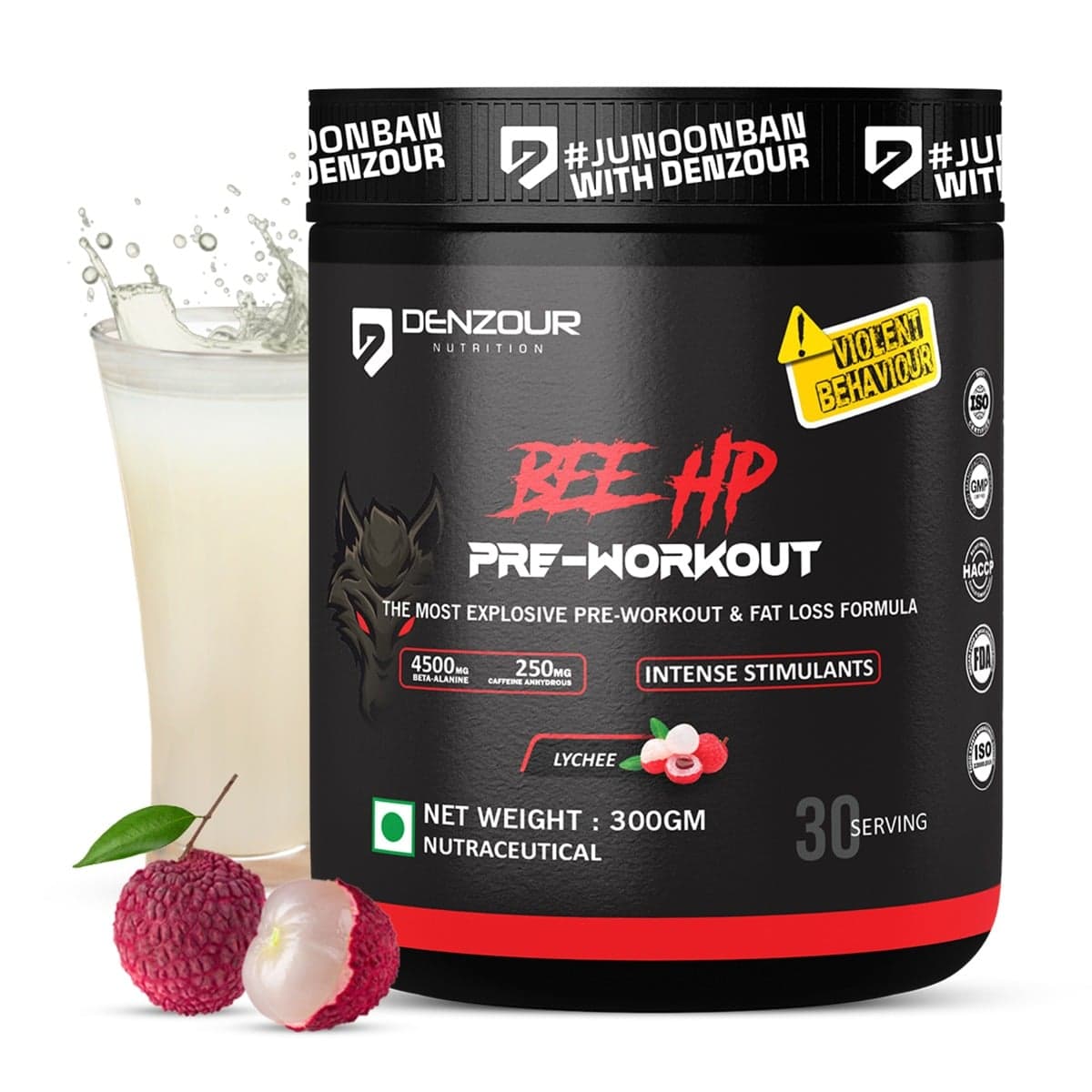 Denzour Nutrition BEE-HP Pre Workout with 750mg Creatine Monohydrate & 4500mg Beta-Alanine, Intense Energy with Fat Loss Formula, 300g Lychee