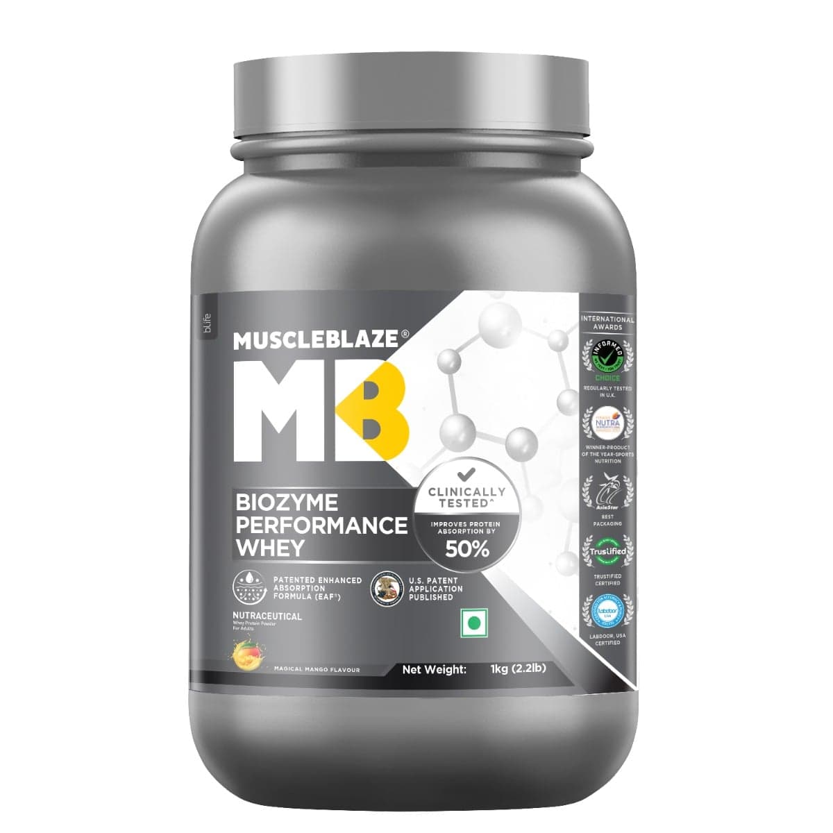MuscleBlaze MB Biozyme Performance Whey 1kg | 28 Serving | Magical Mango Flavour | Muscle Gain - Nutrition and Fitness Supplements | Buy online on ZillyBuy