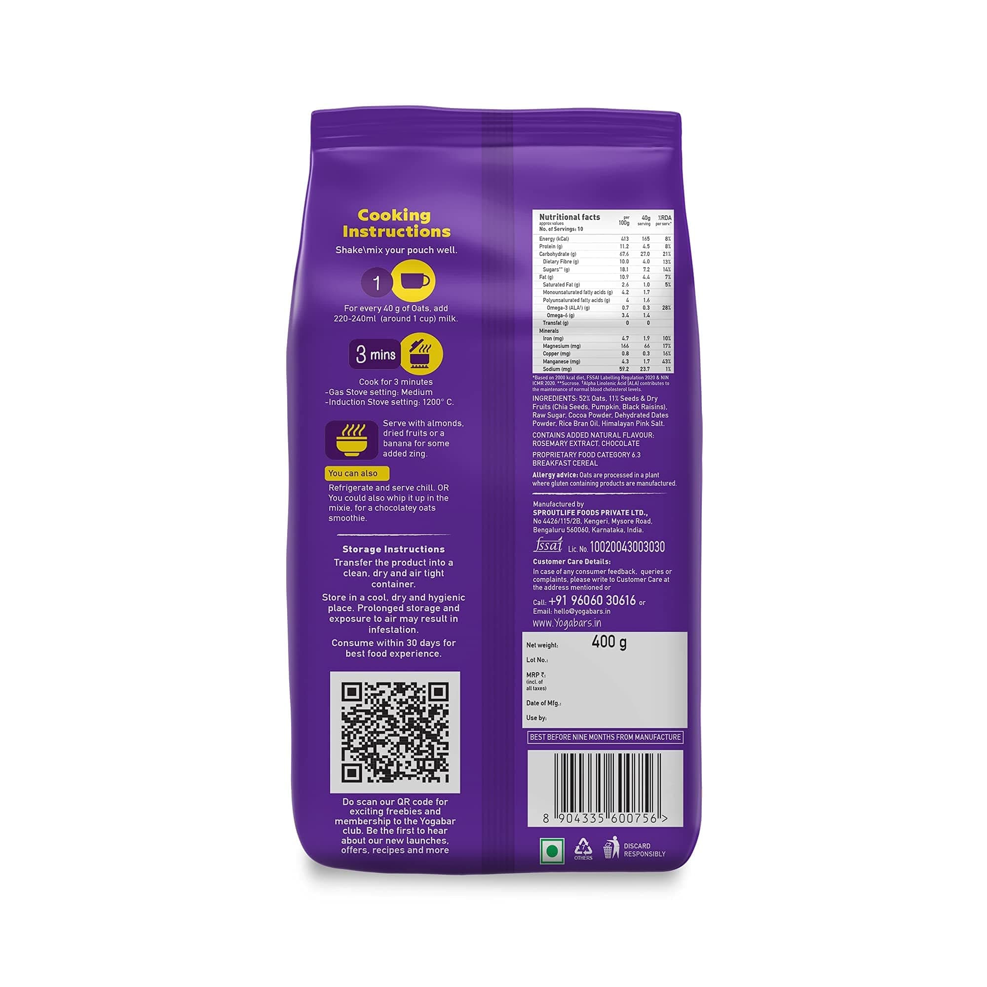 Yogabar Dark Chocolate Oats | Gluten Free Wholegrain Oatmeal | Healthy Breakfast Cereal Yogabar Dark Chocolate Oats 400g (Pack of 2) | Gluten Free Oatmeal | Breakfast Cereal - Health Foods and Drinks | Buy online on ZillyBuy