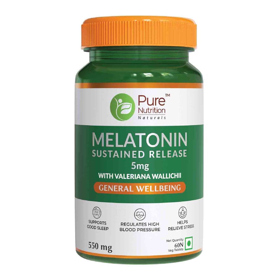 Pure Nutrition Melatonin 5Mg, Sustained Release, Melatonin Supplement For Men & Women, Supports Good Sleep 60 Veg Tablets (Serving Size 1 Tablet) - Nutrition and Fitness Supplements | Buy online on ZillyBuy