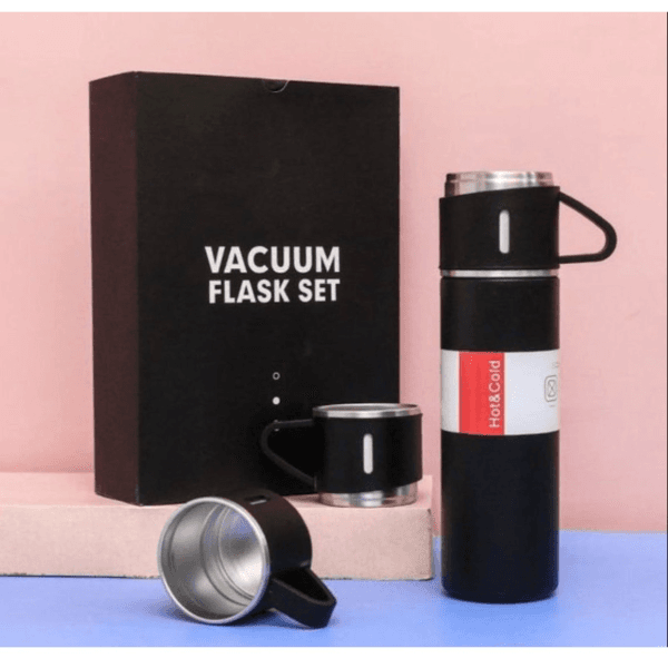 Vacuum Flask Set with 3 Stainless Steel Cups Combo - 500ml - Odourless & Keeps Liquid Hot & Cold- Diwali Gift, Christmas Gift, Employee Welcome Kit, Housewarming Gift, Wedding Gifts - Kitchen Storage and Containers | Buy online on ZillyBuy