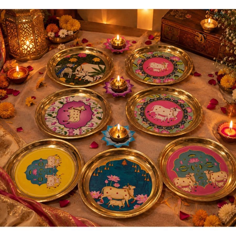 6 Inch Premium Decorative Puja Thali with Assorted Colour & Pattern, Matching Heavy Electroplated Diya & Free Shubh Labh Sticker