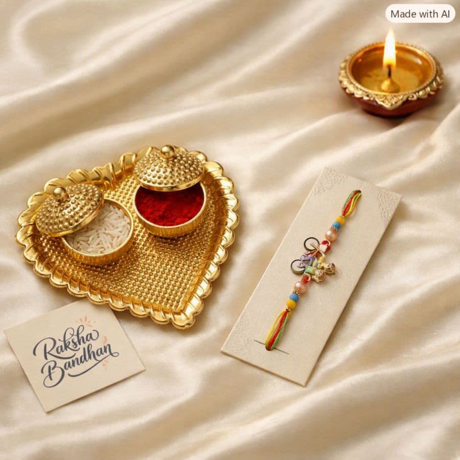 Premium Raksha Bandhan Combo – One Designer Rakhi with One Golden Pooja Plate (₹99)