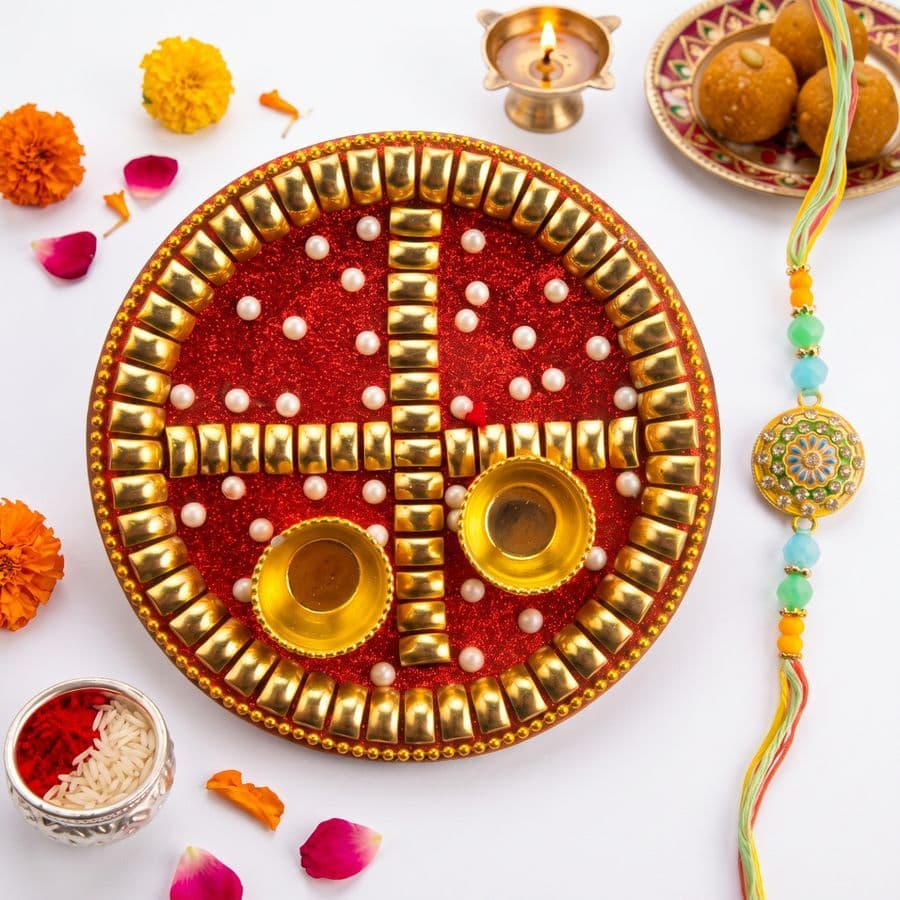 Premium Rakhi Combo – Any one Decorative Pooja Thali & Any one Designer Rakhi Set (₹149)