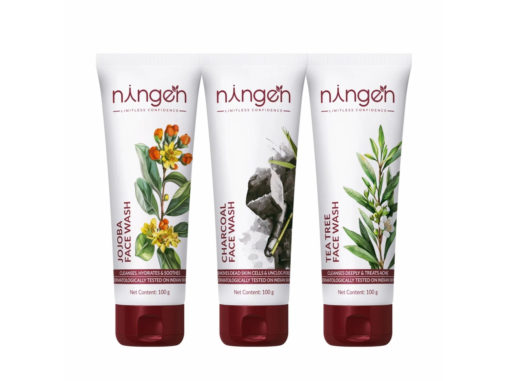 Ningen 3-in-1 Face Wash Combo Jojoba, Charcoal & Tea Tree (3 x 100ml) - Skin Care - Face Cleansers | Buy online on ZillyBuy