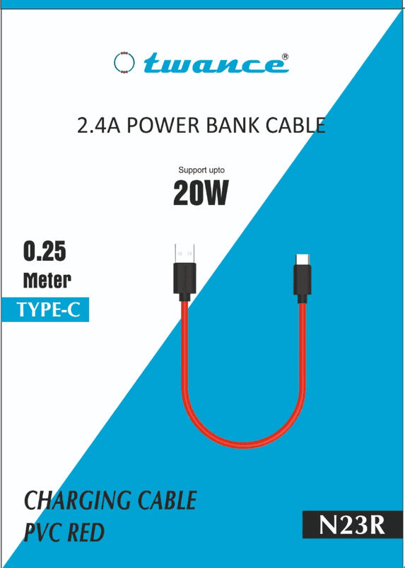 Twance N23R TPE - USB to Type C ,2.4A charging Cable,0.25 Meter (Power Bank Cable), Red Color - Charger | Buy online on ZillyBuy