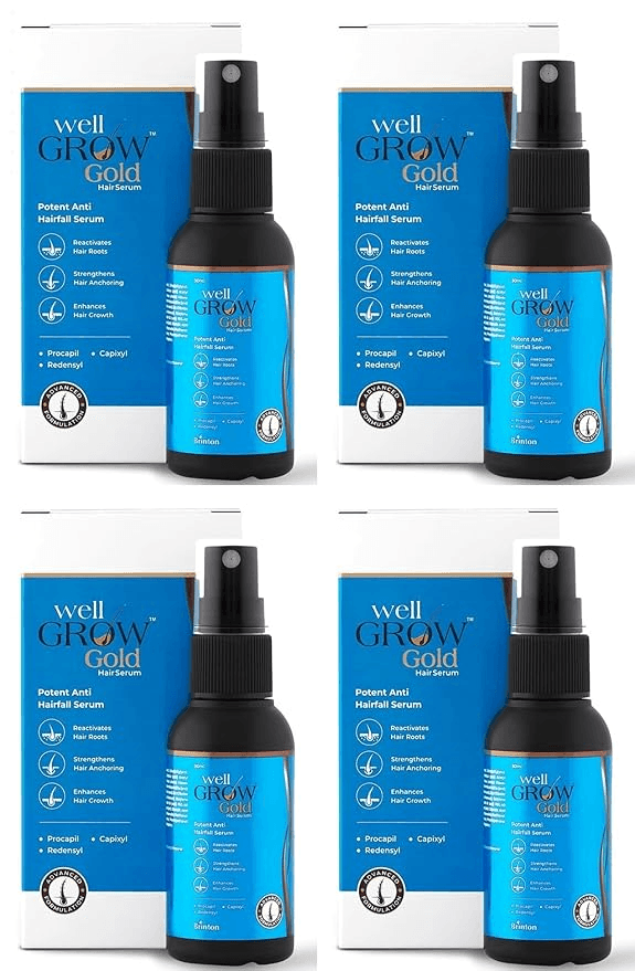 Brinton WellGrow Gold Hair Growth Serum with Redensyl Capixyl & Procapil for Hair Fall Control & Repair | Strengthens & Enhances Hair Growth 30 ml x Pack of 4 - Hair Oils, Care, and Styling | Buy online on ZillyBuy