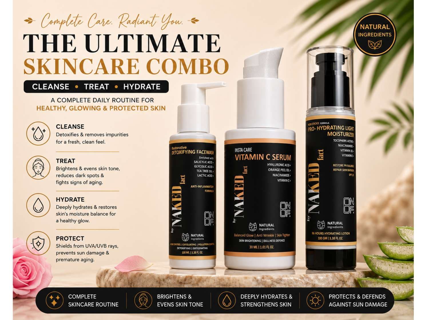 By NAKED fact 3-Step Daily Glow Kit (Detoxifying Facewash- 100 GM + Hydrating Light Moisturizer- 100 GM + 20% Vitamin C Serum- 30 ML) - Skin Care - Lotions, Moisturisers, and Creams | Buy online on ZillyBuy