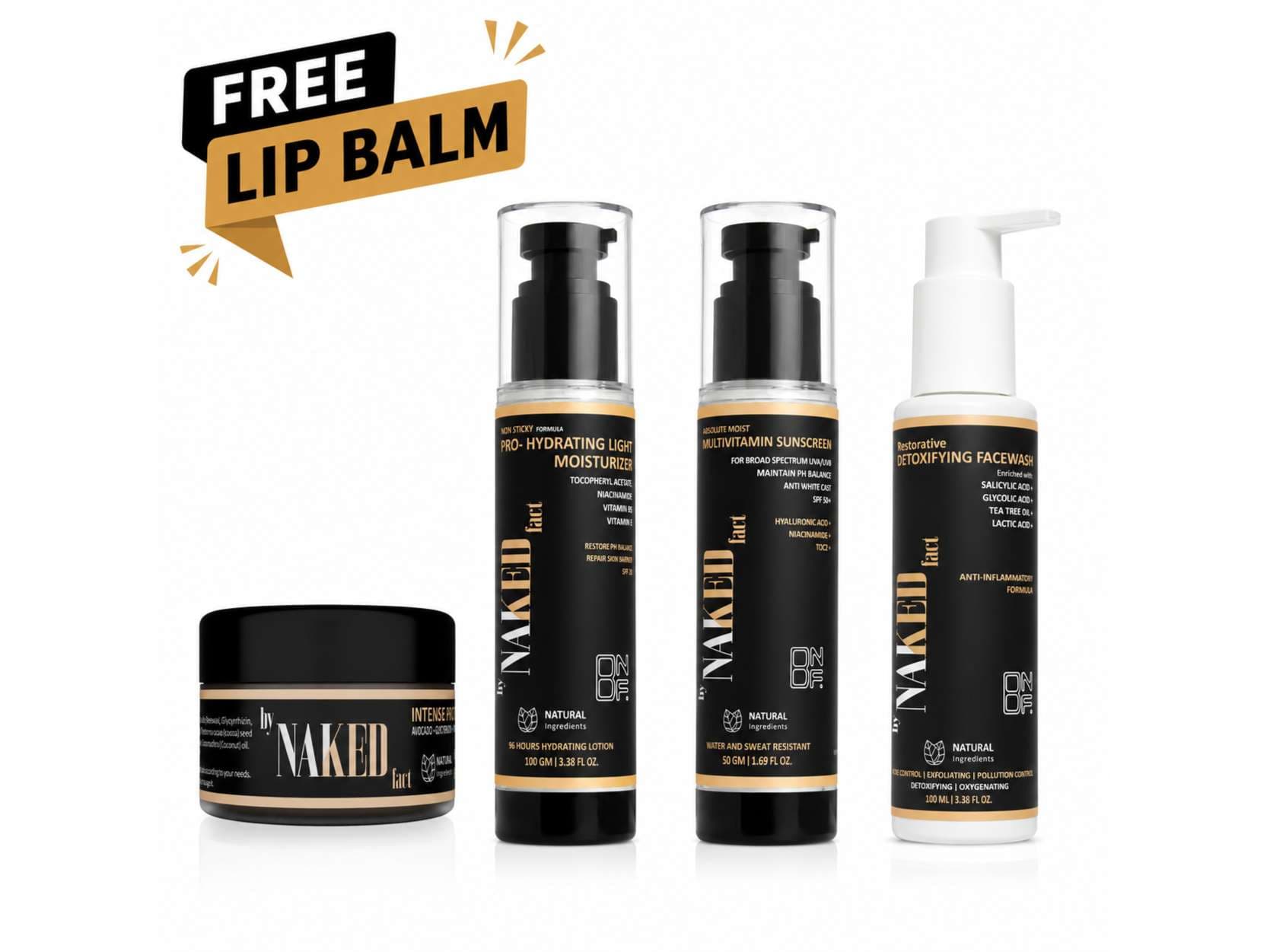 By NAKED fact The Essentials(Multivitamin SPF 50 Sunscreen-50 GM+Detoxifying Facewash-100 GM+Hydrating Light Moisturizer-100 GM)(Free Lip Balm-10g) - Skin Care - Lotions, Moisturisers, and Creams | Buy online on ZillyBuy