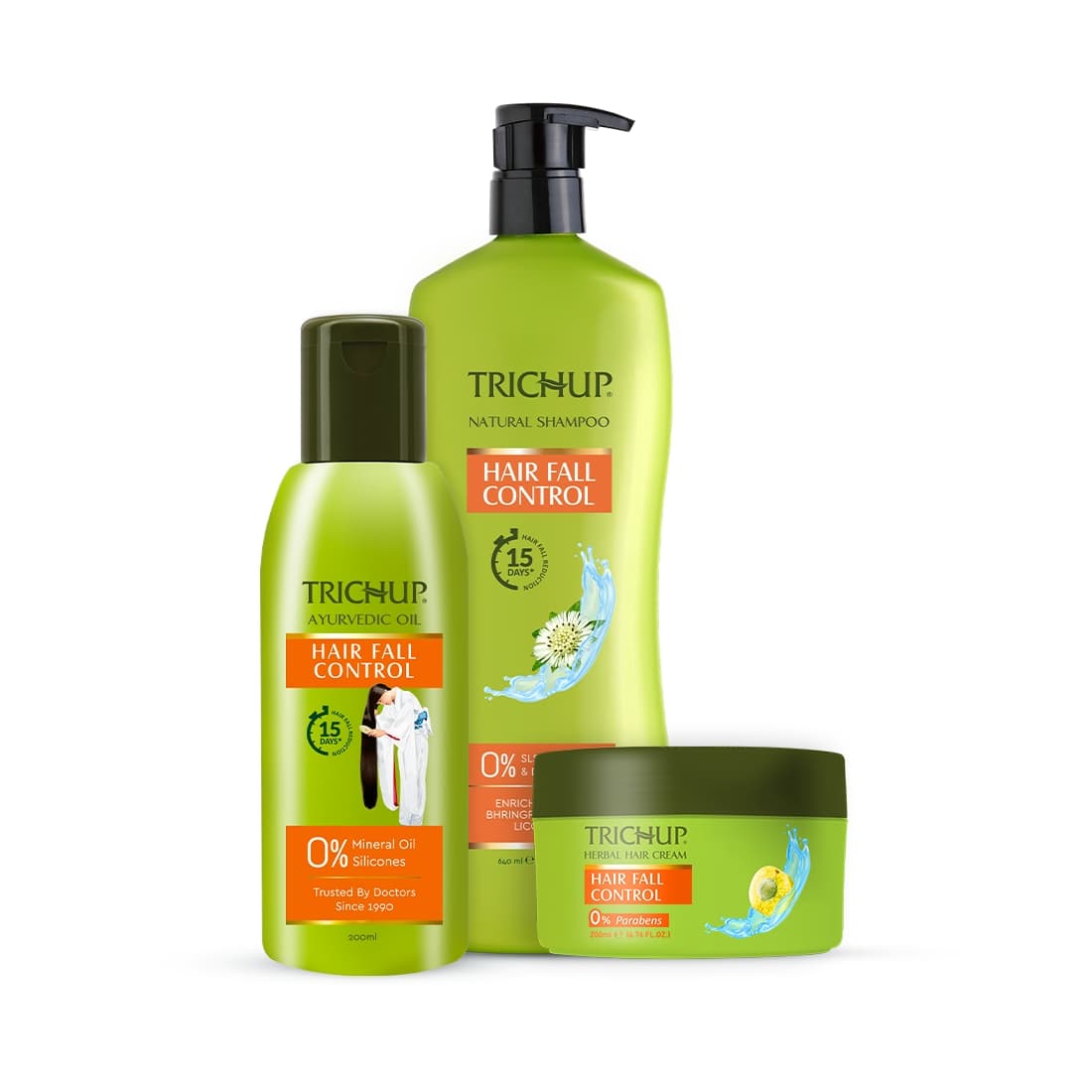 Trichup Hair Fall Control Kit – Oil 200 ml, Shampoo 640 ml, Cream 200 ml – Complete Herbal Hair Care for Stronger, Healthier Hair - Hair Care - Shampoo, Oils, Conditioners | Buy online on ZillyBuy