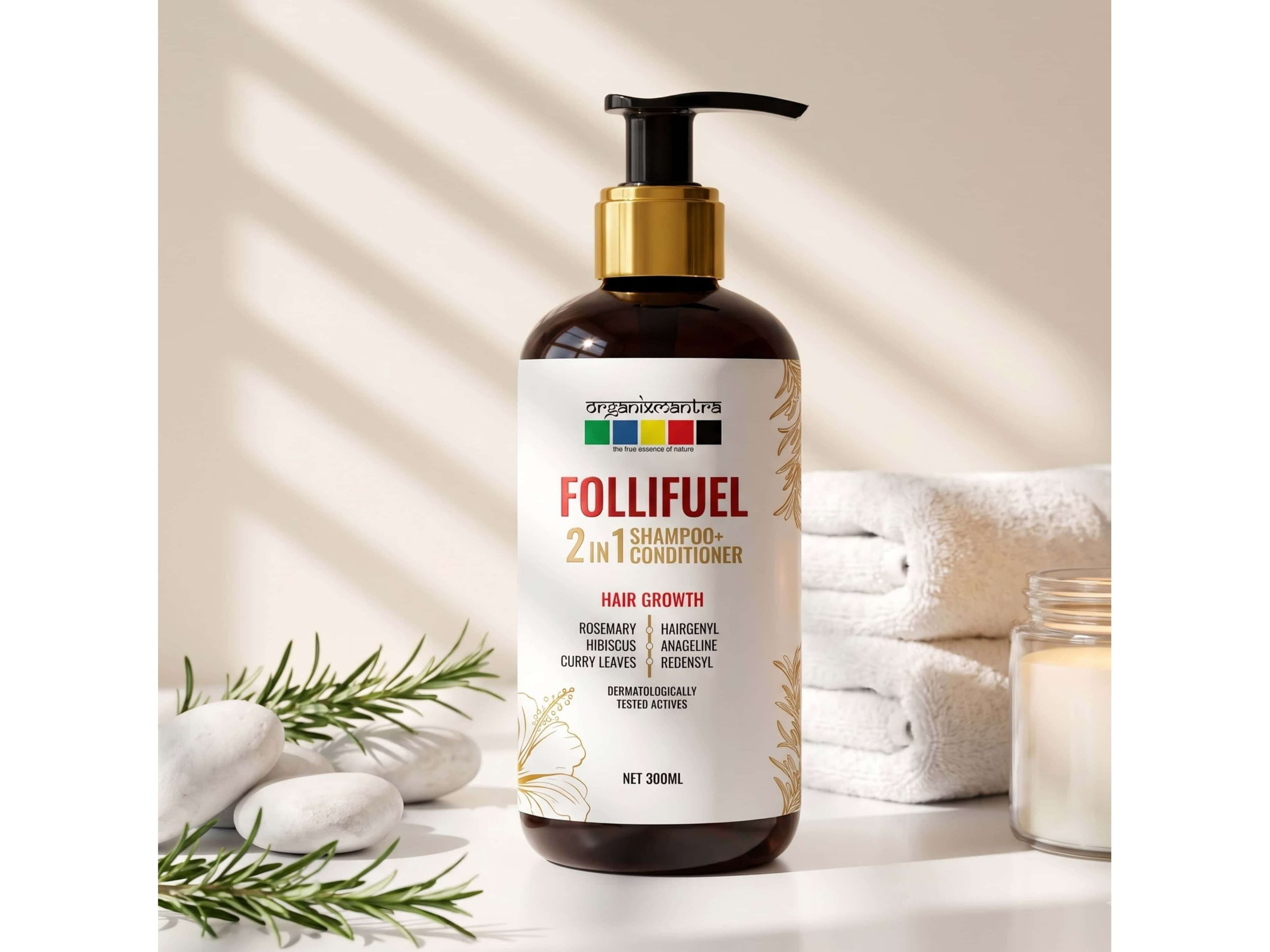Organix Mantra FolliFuel Hair Growth 2-in-1 Shampoo + Conditioner with Anageline 0.5%, Hairgenyl 0.5% & Redensyl 0.5%, Rosemary, Hibiscus, Curry Leaves, Promotes Hair Growth & Reduces Hair Breakage - 300ML - Hair Care - Shampoo, Oils, Conditioners | Buy online on ZillyBuy
