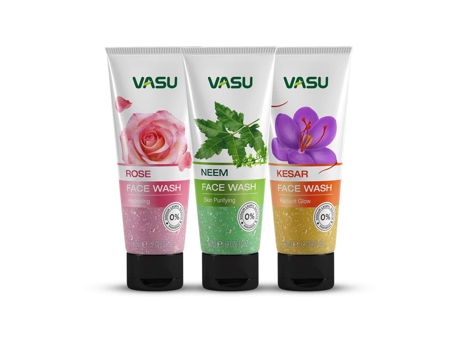 Vasu Face Wash Combo Pack of 3 Kesar Radiant Glow, Neem Purifying & Rose Hydrating 60 ml Each - Skin Care - Face Cleansers | Buy online on ZillyBuy