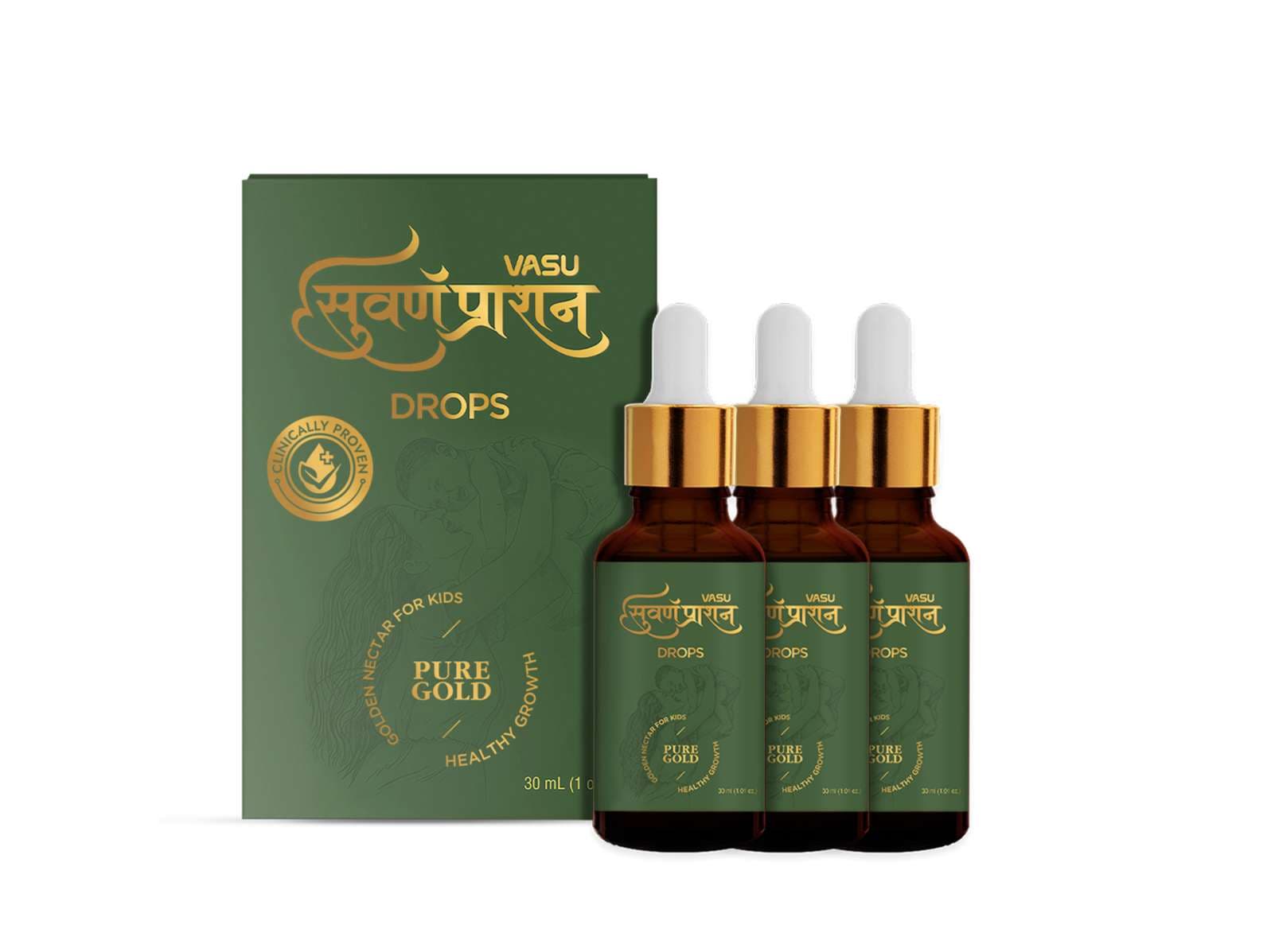 VASU Swarnaprashan Drops 30ml (Pack Of 3 *30) Natural 24K Gold | Immunity & Strength Booster for Kids (0-16 Years) - Nutrition and Fitness Supplements | Buy online on ZillyBuy