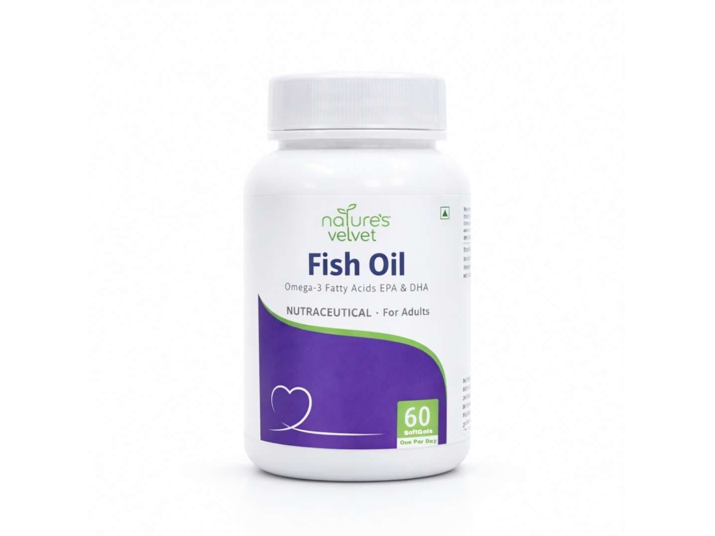 Natures Velvet Omega-3 Fish Oil 1000mg Softgels with EPA & DHA, Supports Heart Brain & Joint Health, 60 Softgels - Nutrition and Fitness Supplements | Buy online on ZillyBuy