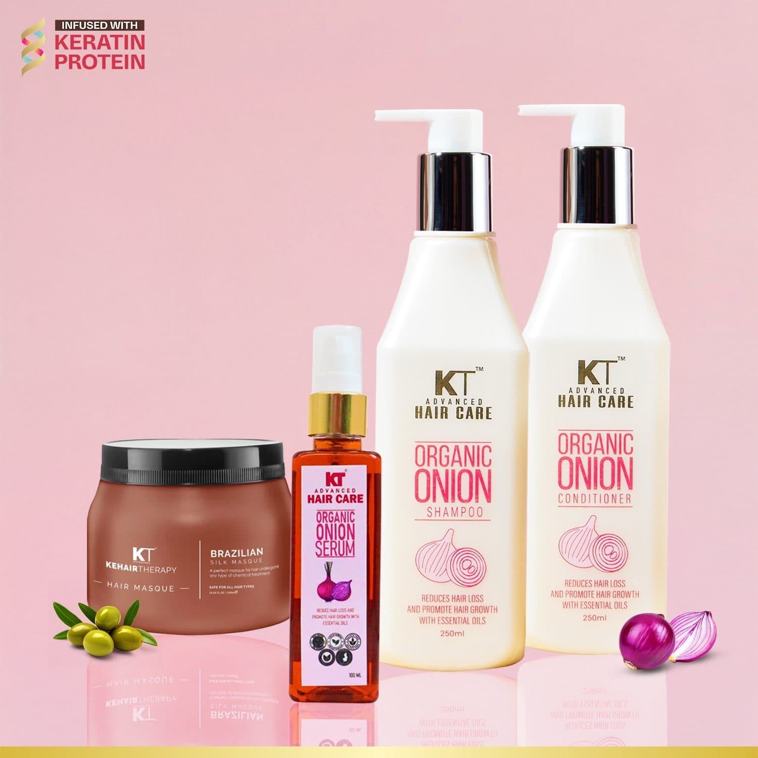 KT Professional Organic Onion Shampoo & Conditioner – 250ml + Onion Serum – 100ml + Brazilian Silk Masque - Hair Care - Shampoo, Oils, Conditioners | Buy online on ZillyBuy