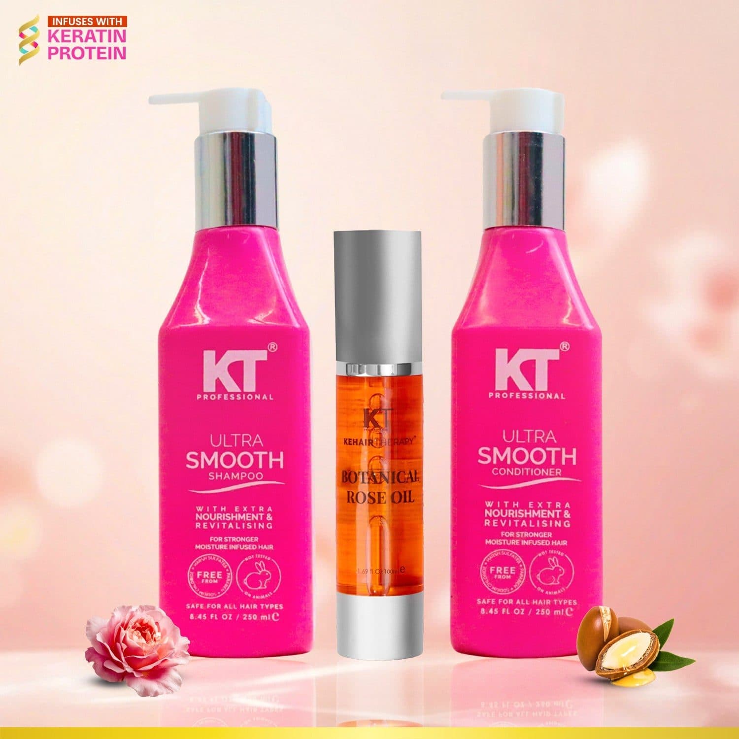 KT Professional Ultra Smooth Shampoo & Conditioner + Botanical Rose Oil Serum - Hair Care - Shampoo, Oils, Conditioners | Buy online on ZillyBuy