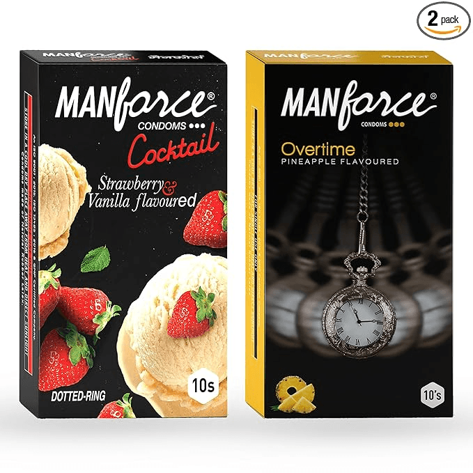 MANFORCE Cocktail Condoms with Dotted-Rings Strawberry & Vanilla Flavoured- 10 Pieces & Overtime Pineapple 3in1 (Ribbed Contour Dotted) Condoms - 10 Pieces Condom (Set of 2 20 Sheets) - Sexual Wellness | Buy online on ZillyBuy
